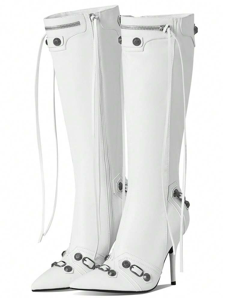 Punk Gothic Women Knee High  Boots Stiletto HIgh Heels Pointed Toe Rivets Tassels Sexy Nightclub ... | SHEIN