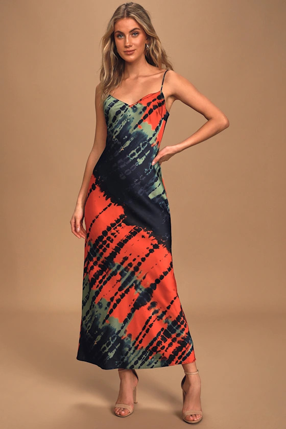 Full of Promise Navy Blue Multi Tie-Dye Satin Maxi Slip Dress | Lulus (US)