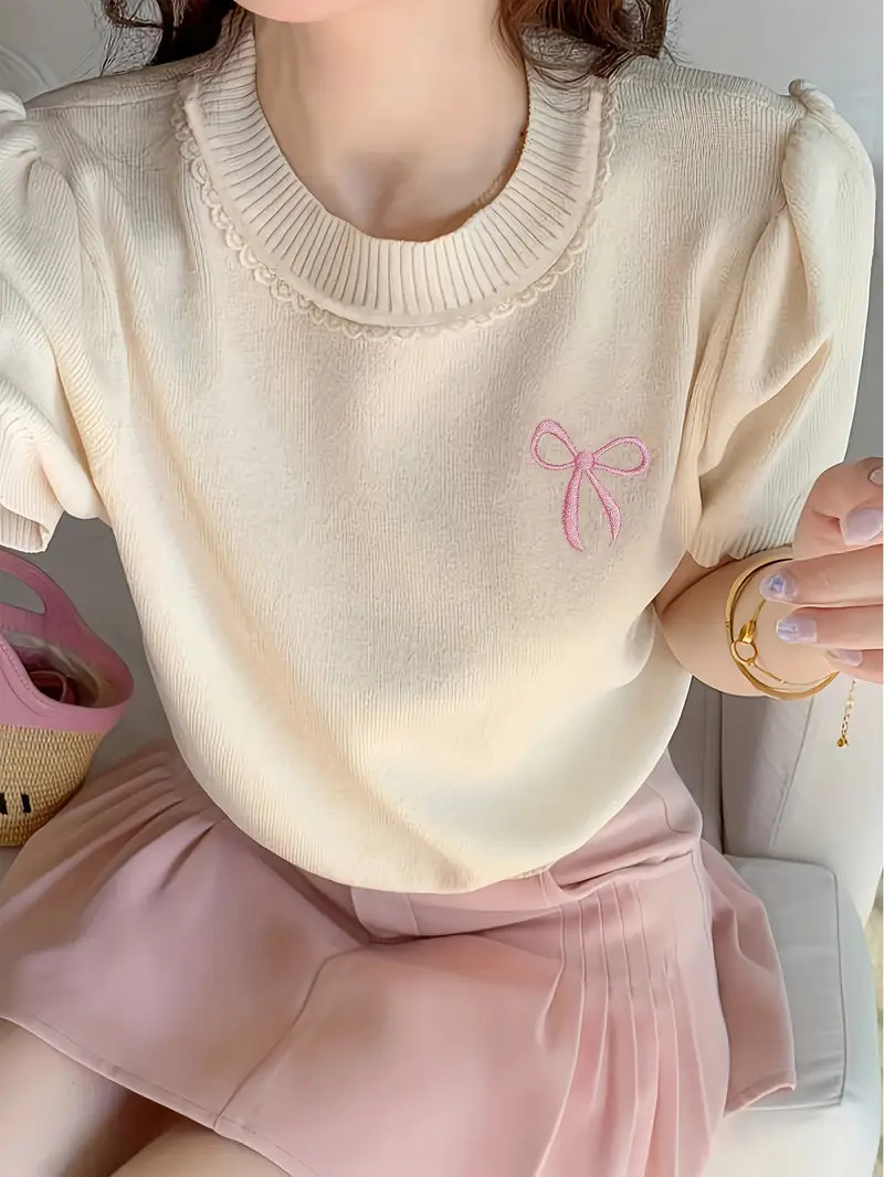 Bow Pattern Crew Neck Knit T shirt Casual Short Sleeve Top - Temu | Temu Affiliate Program