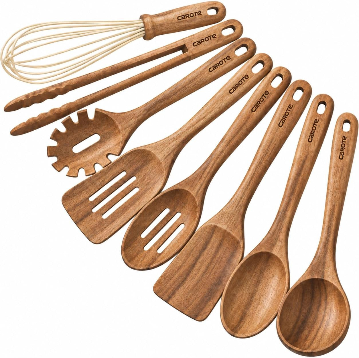 CAROTE Wooden kitchen Utensils Set, Acacia Wood 8pcs Cooking Utensil Set for Nonstick Cookware, Long-lasting Wooden Spoons for Cooking, Spatula, Turner | Amazon (US)
