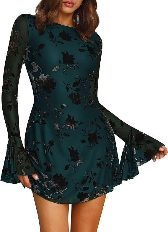 BTFBM Women Floral Wedding Guest Dress Spring 2026 Casual Long Sleeve Crew Neck Flowy Party Cockt... | Amazon (US)