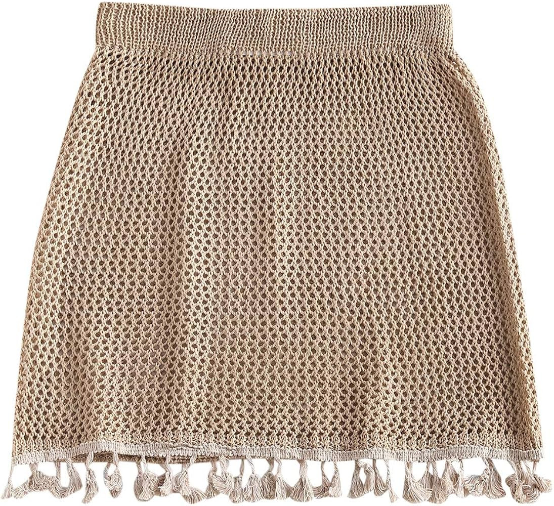 ZAFUL Women's Swimsuit Cover Up Crochet Sheer Short Beach Skirt with Tassels | Amazon (US)