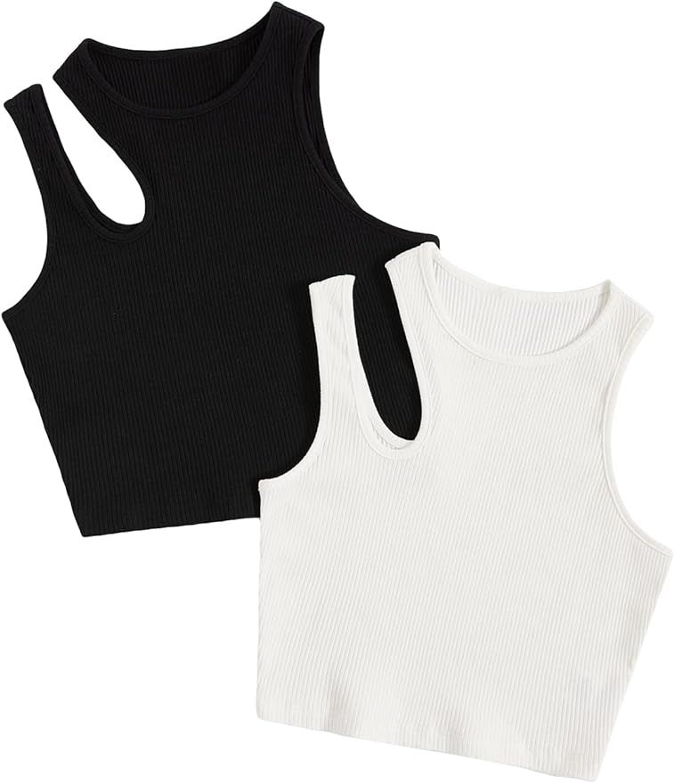 Verdusa Women's 2 Pack Cut Out Shoulder Sleeveless Ribbed Tank Crop Tops | Amazon (US)