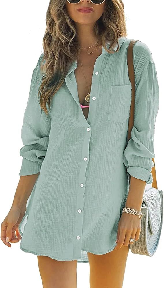Pretifeel Womens Cotton Button Down Shirts Casual Summer Beach Cover Up Long Sleeve Loose Blouse | Amazon (US)