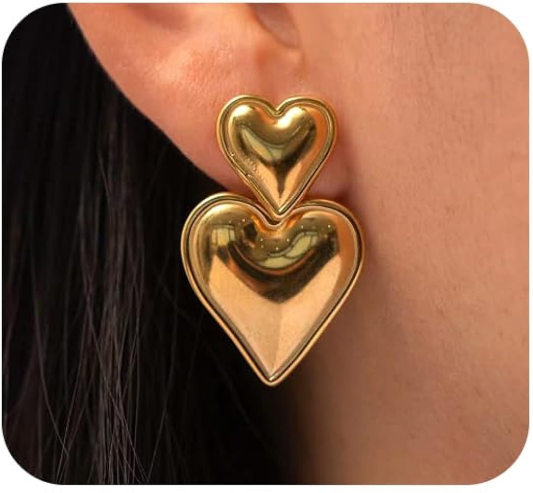 Kenivira Gold Heart Drop Earrings, Double Heart Statement Dangle Earrings for Women Girls | Amazon (US)