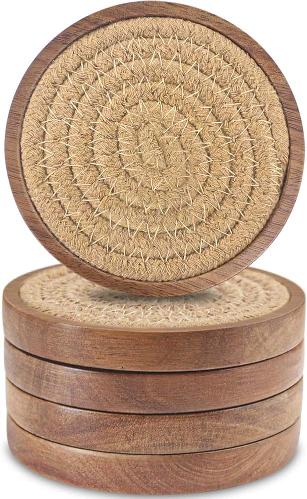 Wood Coasters for Drinks, Absorbent Coaster Sets of 5, Woven Drink Coasters for Coffee Table, Hou... | Amazon (US)