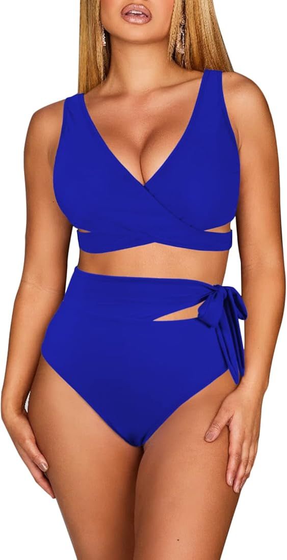 Sovoyontee Womens Criss Cross Bikini Sets Two Piece Swimsuit High Waisted Cheeky Cut Out Bathing ... | Amazon (US)