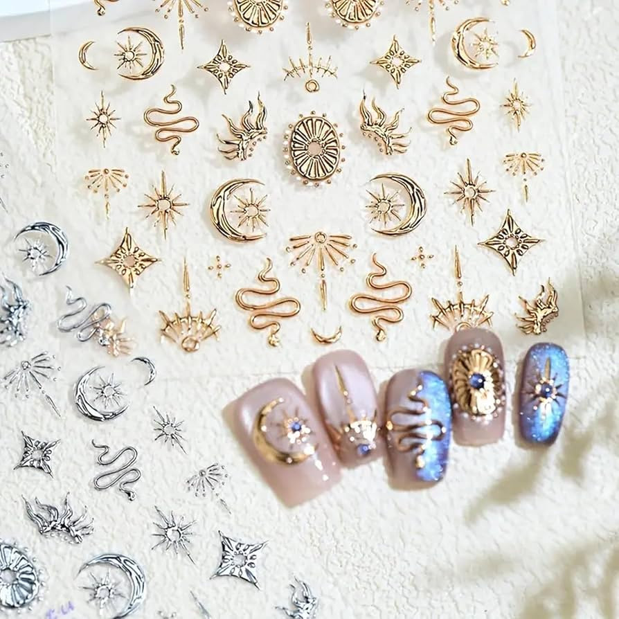2 Sheets Gold Boho Nail Stickers for Nail Art Gold Star Moon Sun Snake Nail Decals 5D Embossed Na... | Amazon (US)