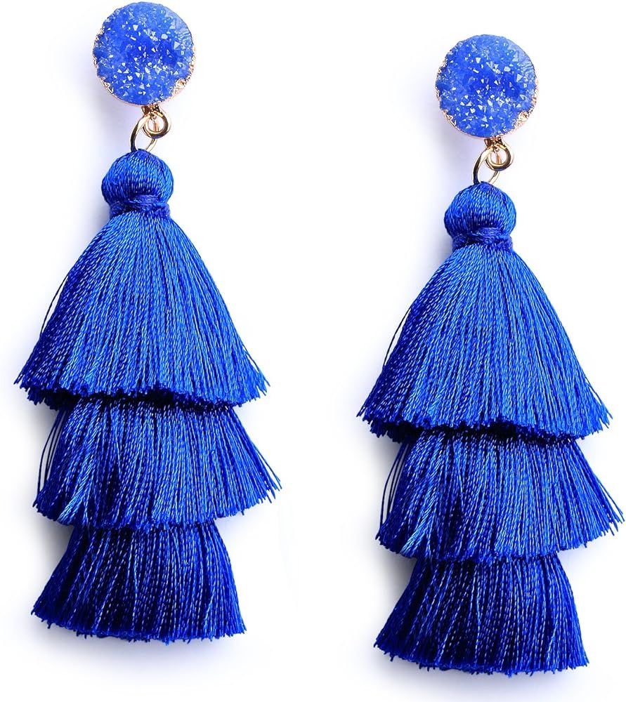 Me&Hz Colorful Layered Tassel Earrings Bohemian Tiered Tassel Druzy Stud Dangle Drop Earrings for Wo | Amazon (US)