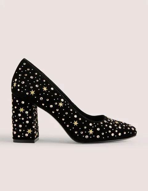 Embroidered Block Heel Courts - Black | Boden (US)