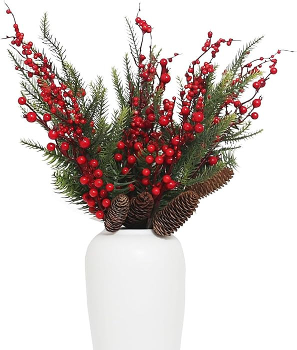 6 pcs Christmas Norfolk Pine Branches with Red Berries and Pinecones, 21.6" Fake Greenery Picks a... | Amazon (US)