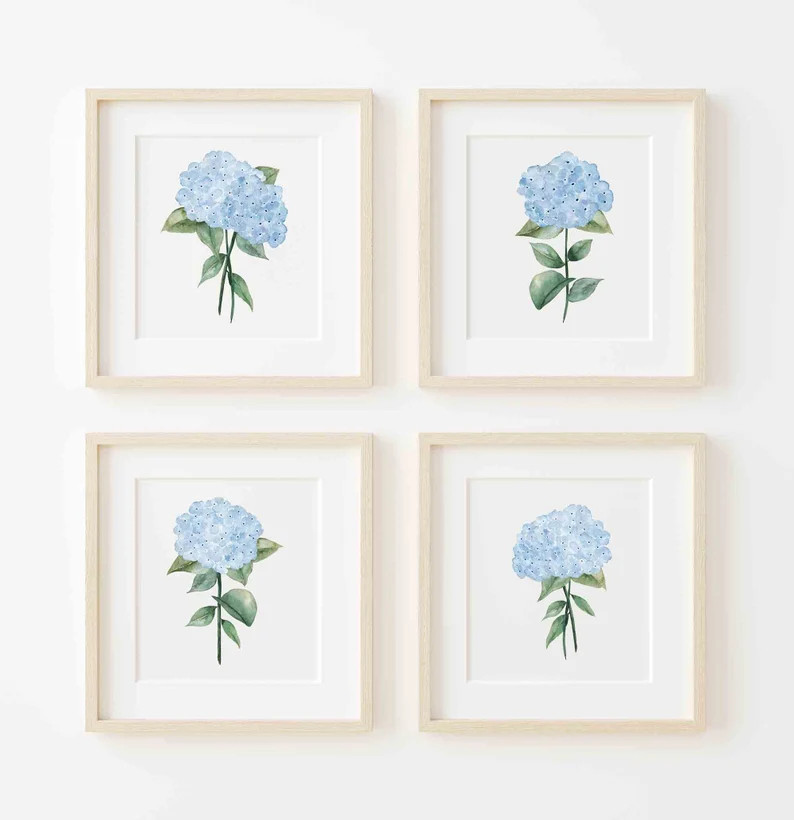 Blue Hydrangea Prints Minimalist Botanical Wall Decor, Hamptons Artwork Blue and White Prints, Ex... | Etsy (US)