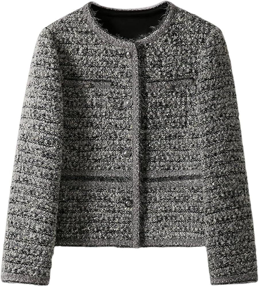 Women's Tweed Cropped Blazers Round Neck Long Sleeve Short Jacket Trendy Fall Winter Casual Butto... | Amazon (US)