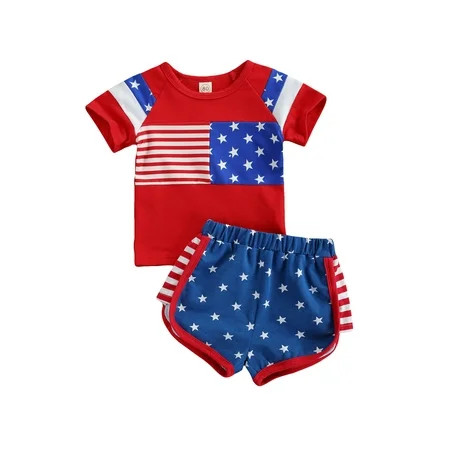 Woshilaocai Infant Baby 4th of July Outfit Short Sleeve T-Shirt Top American Flag Shorts 2Pcs Indepe | Walmart (US)