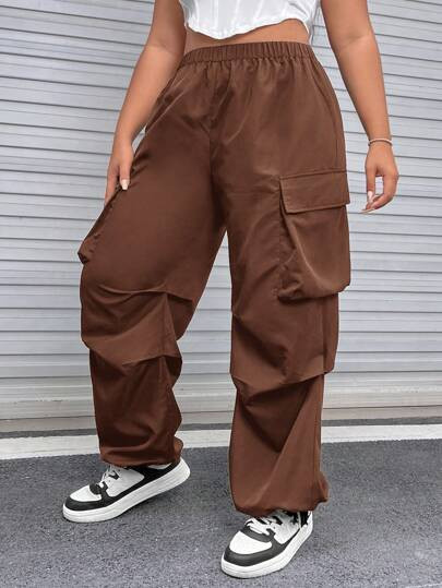SHEIN EZwear Women's Plus Size Elastic Waistband Flap Pocket Jogger Pants With Cuffed Hem | SHEIN