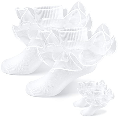 Courpal 2 Pairs White Ruffle Socks White Lace Socks White Frilly Socks White Lace Trim with Double Lace Toddler Baby Girls (as1, age, 7_years, 9_years) | Amazon (US)