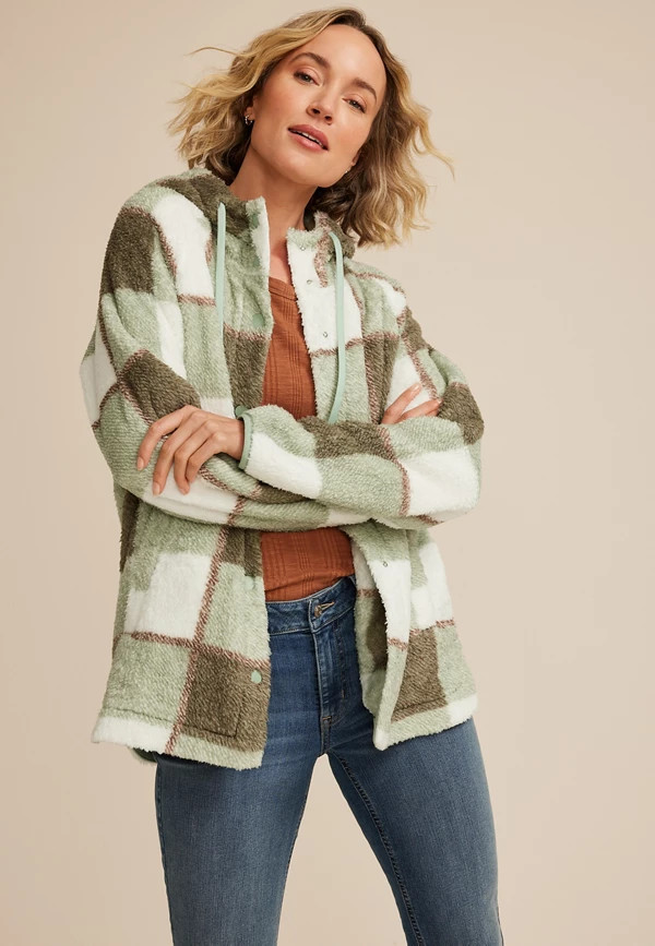 Sherpa Plaid Hooded Snap Button Front Jacket | Maurices