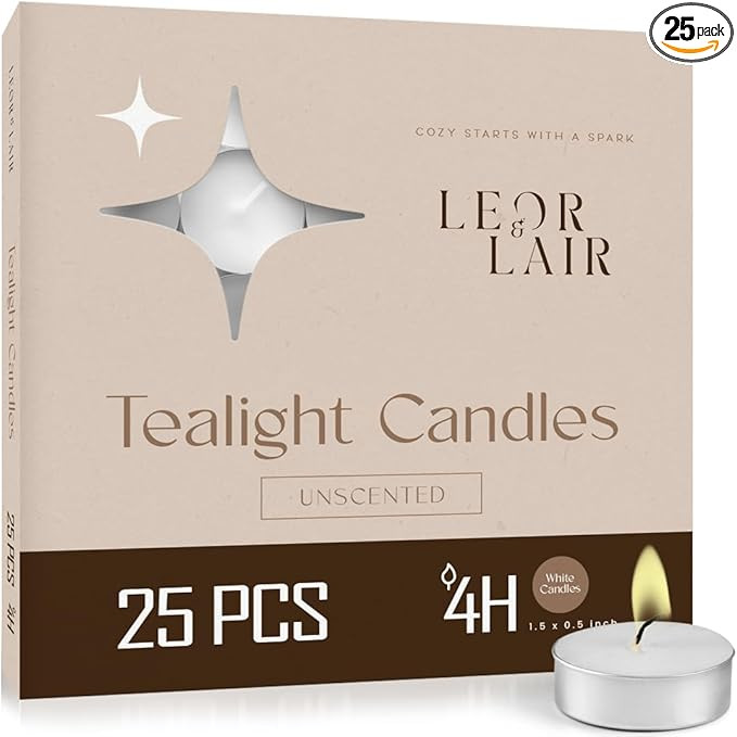 Leor & Lair Tea Lights Candles - 25 Pack - 4 Hour Long Burn Tealight Candles - Small Tea Candle f... | Amazon (US)