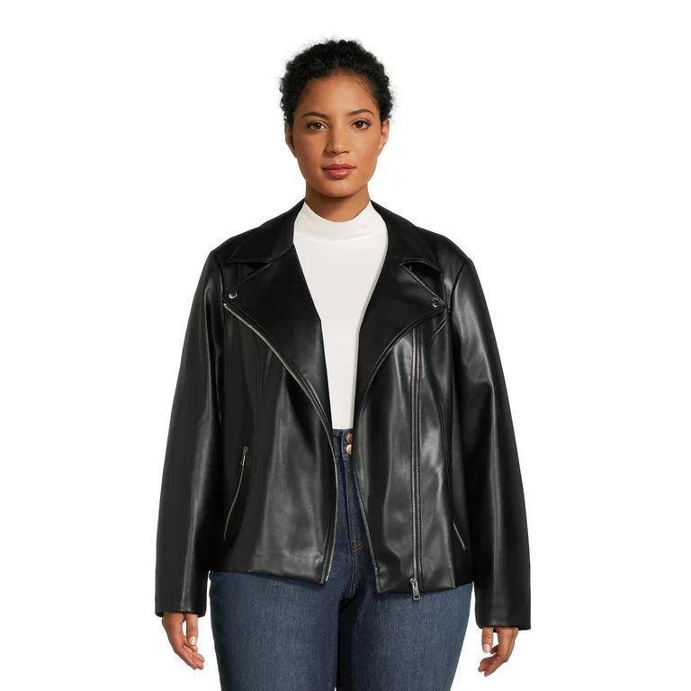 Time and Tru Women's Plus Asymmetrical Faux Leather Jacket | Walmart (US)