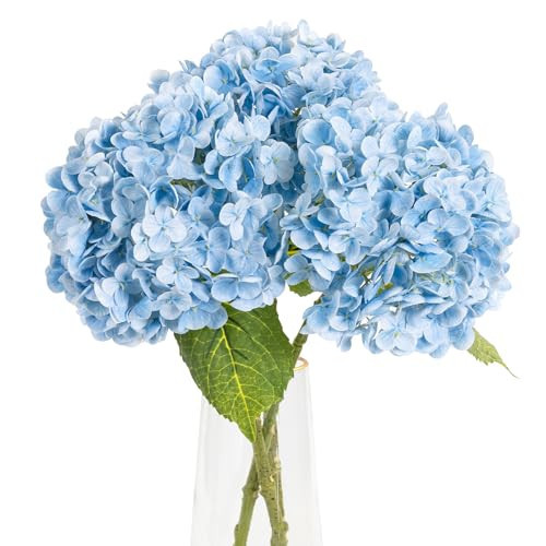 YOUNGLEAVES 3 Pcs Light Blue Hydrangea Artificial Flowers,21 inches Latex Real Touch Faux Hydrangeas Flowers for Home Outdoor Party Garden Table Centerpieces Wedding Decor | Amazon (US)