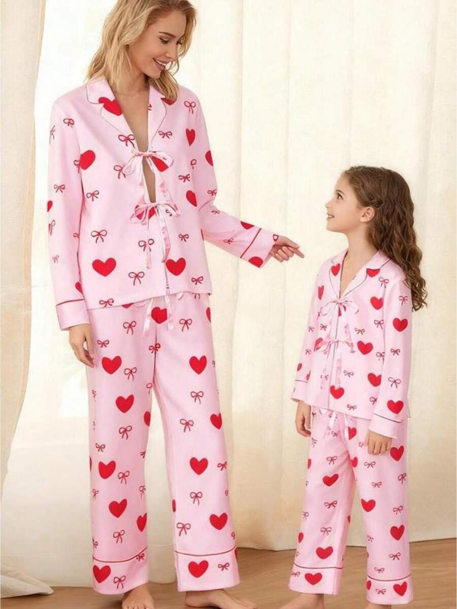 Mommy Daughter Valentines Matching Pajamas Cute Heart Bow Printed Tie Up Long Sleeve Tops With Pa... | SHEIN