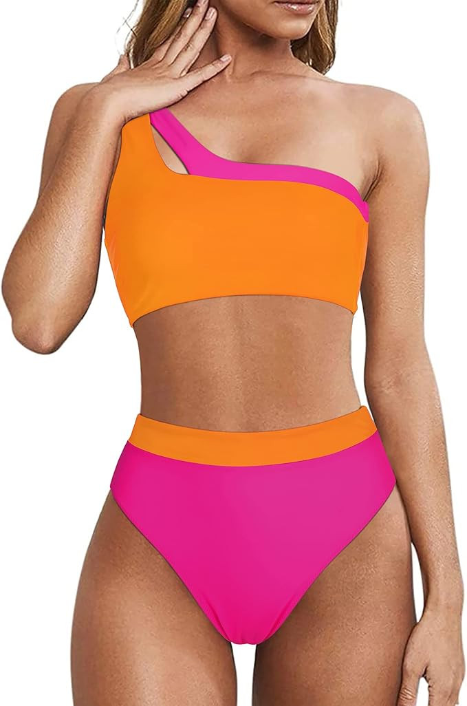 MOOSLOVER Women Cutout One Shoulder High Waisted Bikini High Cut Two Piece Swimsuits | Amazon (US)