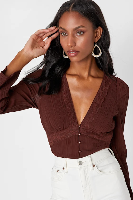 Delightful Sentiments Brown Plisse Lace Button-Up Top | Lulus (US)