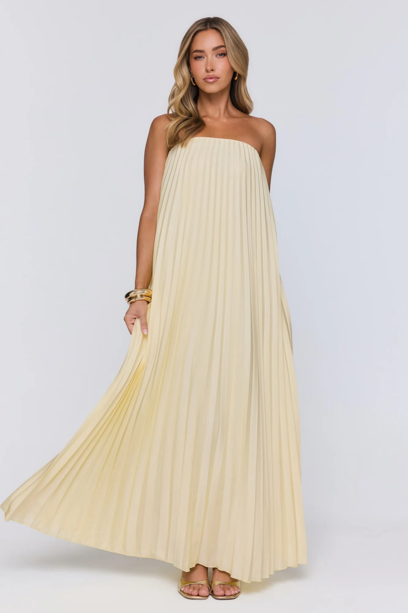 Moonlit Sea Pleated Strapless Maxi Dress Lemon | Hello Molly (US)