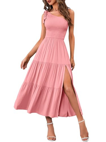 MEROKEETY Women's Summer One Shoulder Sleeveless Knot Smocked Midi Dress Split Tiered Flowy Dresses, Lightpink, M | Amazon (US)