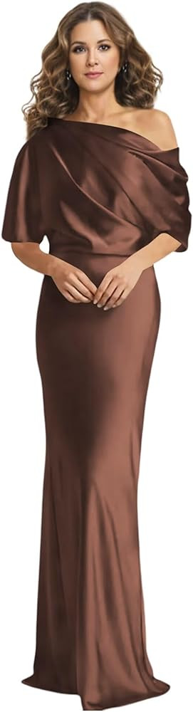 Monvelli One Shoulder Mother of The Bride Dresses Long Satin Mermaid Half Sleeve Prom Formal Even... | Amazon (US)