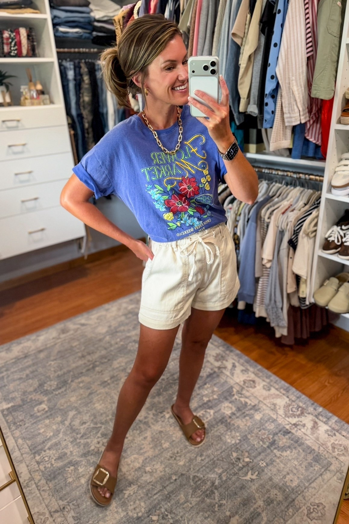 Spring outfit idea. How cute is this new graphic tee from Walmart 🌺 
Tee/small
Shorts/mediumm

#LTKSeasonal #LTKOver40 #LTKootd