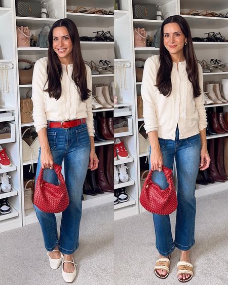 This cardigan is versatile and I love the classy lace detail! True to size (S) 
Red mini woven bag ❤️

NEW Risen Jeans (these will sell out quick!!): true to size (26) so comfy and stretchy (but not too stretchy that they lose their shape) 

Ivory ballet flats: size up half
Sandals: true to size

Ways to wear / outfit inspiration / business casual / red accessories / red belt 

#LTKstyletip #LTKworkwear #LTKitbag