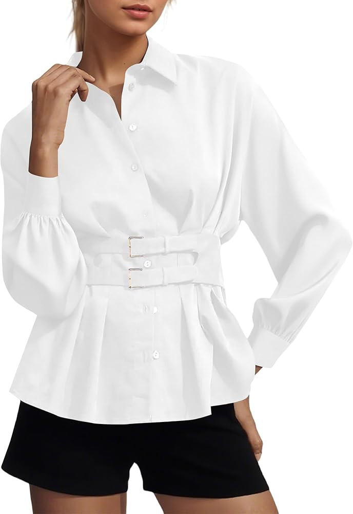 Women Long Sleeve Button Down Shirts Double Buckle Cinched Waist Lapel Collar Blouse Pleated Back... | Amazon (US)
