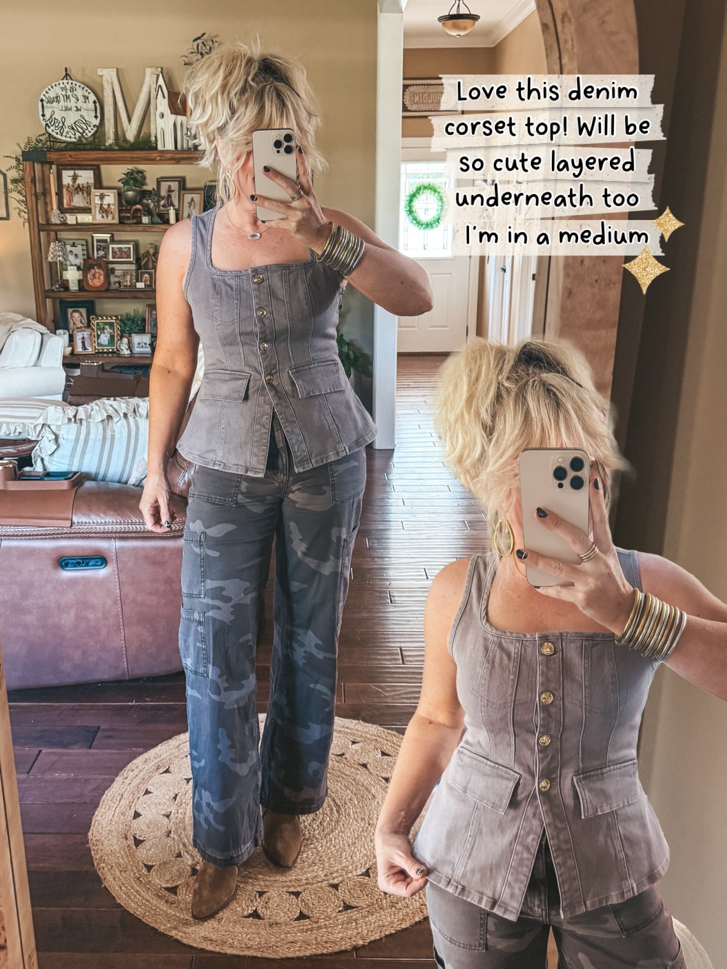 This denim vest is very flattering. I’m in a medium in it and these camo pants.

#LTKOver40