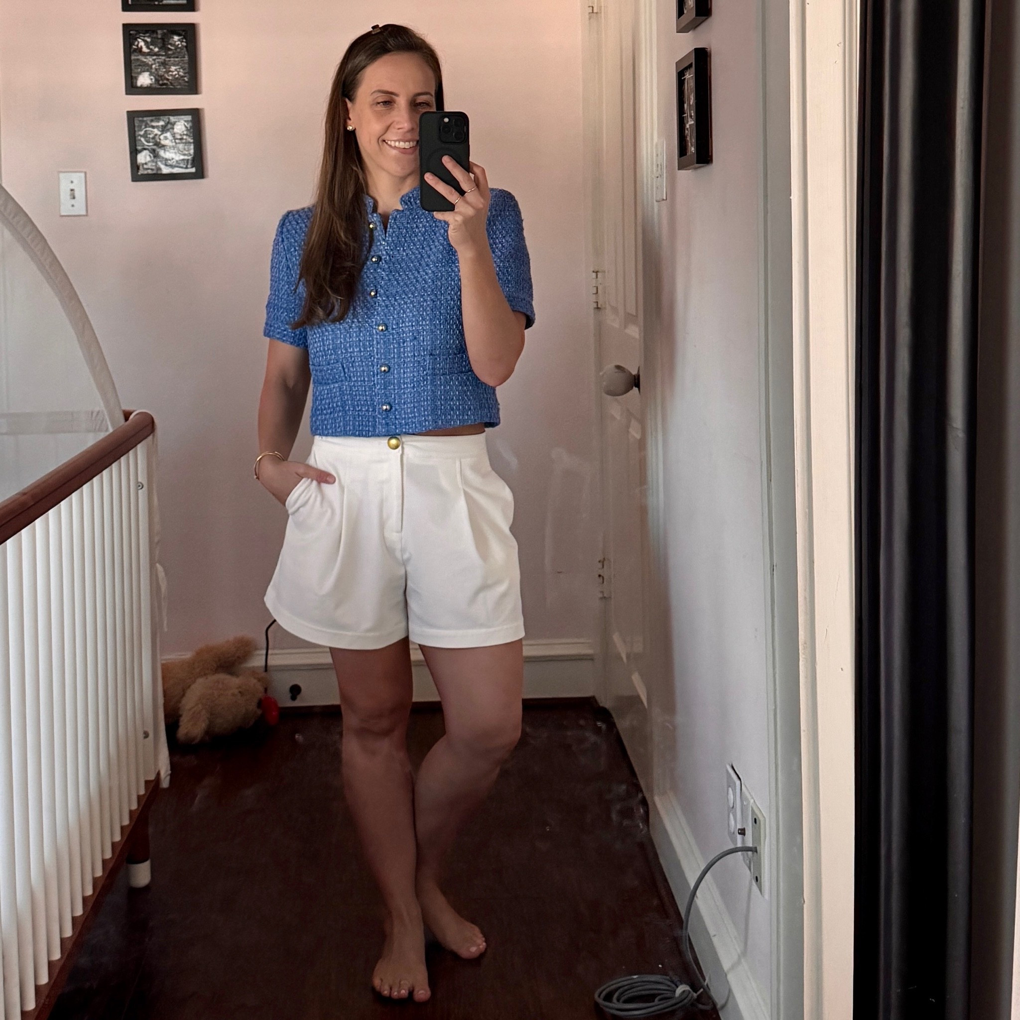 These high waisted pleated shorts… wear them with everything! Wearing a size 4 but sized down for better fit. Wearing a size 4 is short sleeve tweed blazer.

#LTKootd #LTKPetite #LTKmomlife