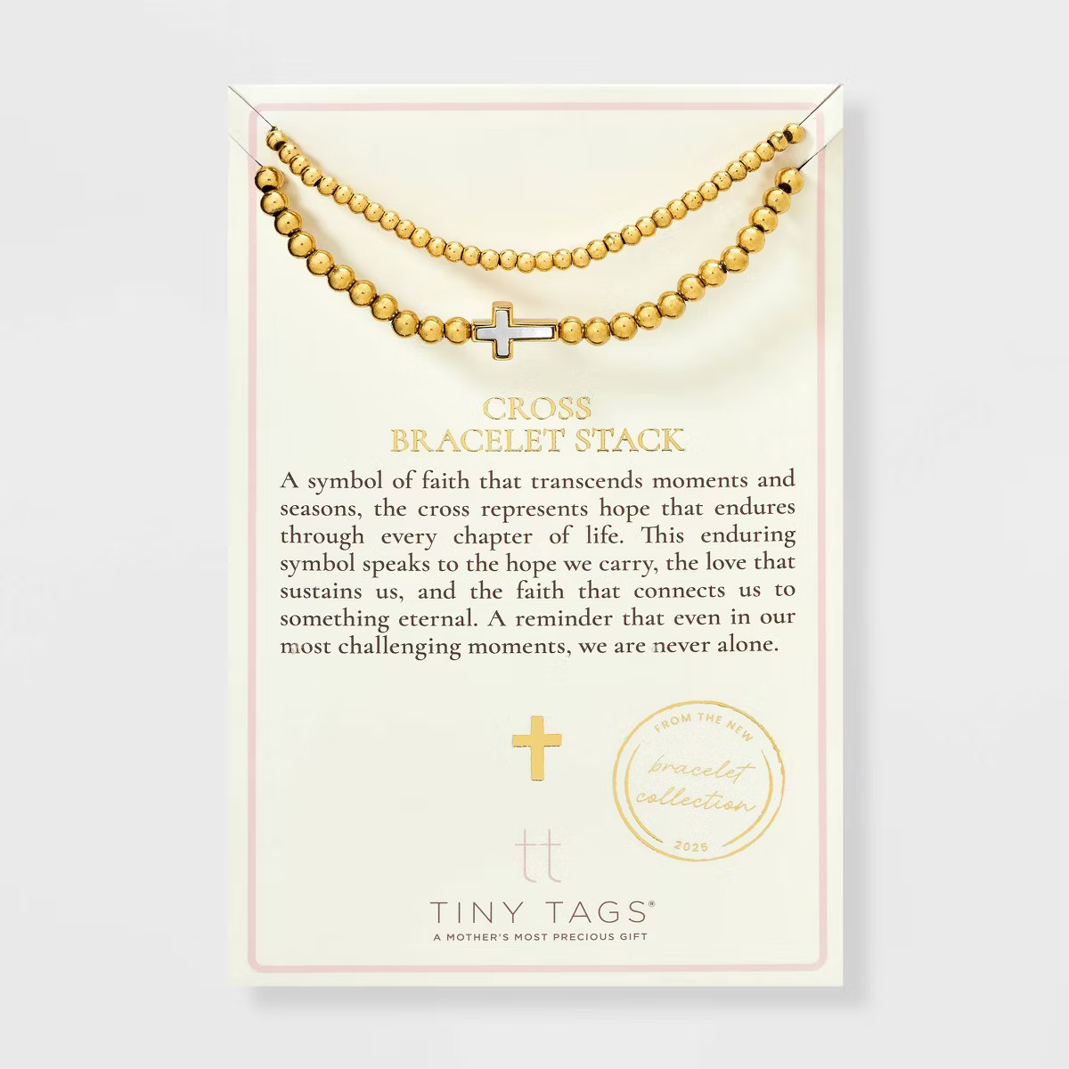 Tiny Tags 14K Gold Ion Plated with Mother of Pearl Inlay Cross Beaded Stretch Bracelet Set - Gold | Target