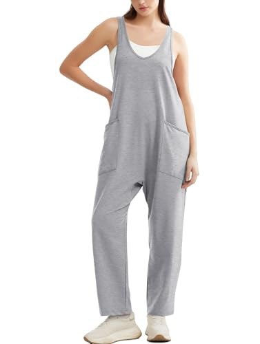 OFEEFAN Womens Jumpsuits Casual Summer Rompers Baggy Loose Long Overalls Jumpers With Pockets Cruise Outfits For Women 2024 Grey XXL | Amazon (US)