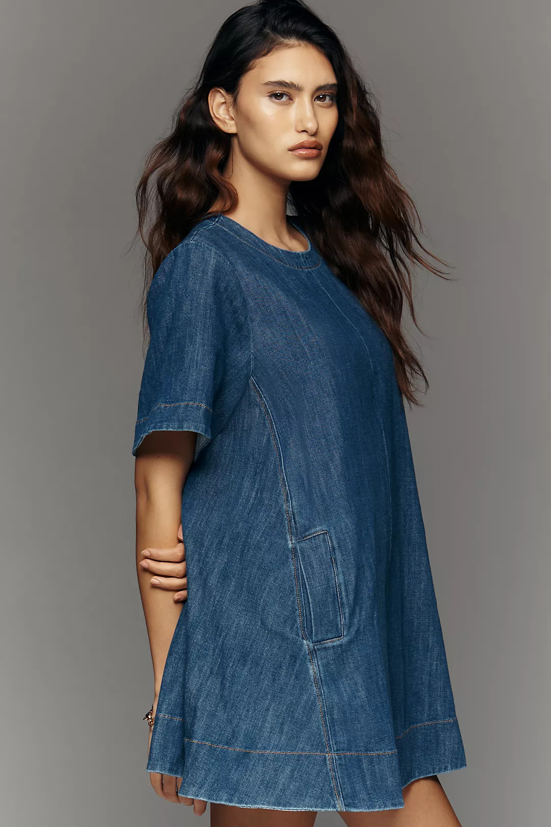 The Emmy Short-Sleeve Denim Swing Dress by Maeve | Anthropologie (US)