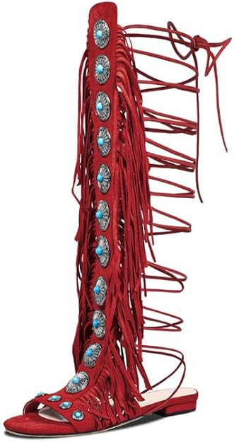 Atuelang Women’s Boho Fringe Gladiator Sandals Turquoise Studs Knee-High Lace-Up Flat Summer Bo... | Amazon (US)