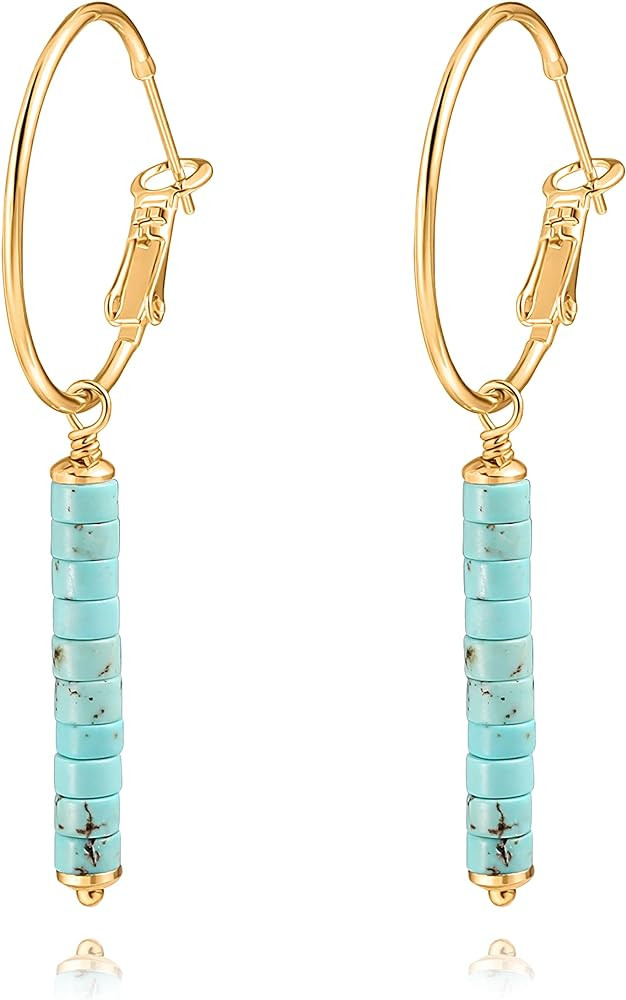 Gold Huggie Hoop Drop Dangle Earrings Turquoise Beads Gemstone Earrings Boho Handmade Lightweight... | Amazon (US)