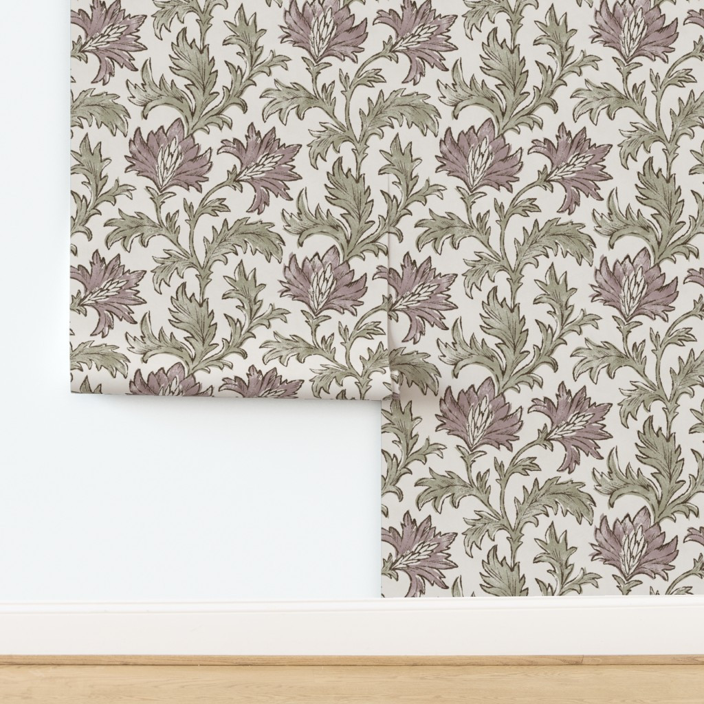 Antique Block printed Floral Vine - Muted Pink And Green Wallpaper | Spoonflower | Spoonflower