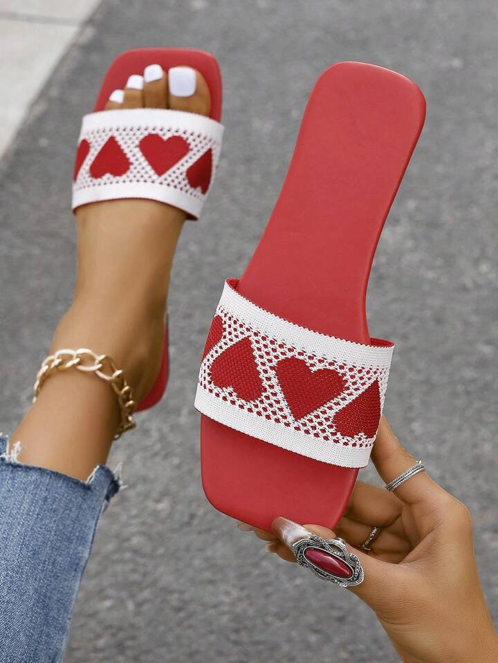 Fashionable Women's Colorblock Heart-Shaped Flat Slippers, Summer Open Toe Slip-On Sandals For Girls, White/Red | SHEIN
