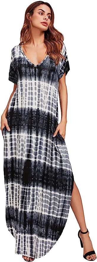 MakeMeChic Women's Boho Casual Maxi Short Sleeve Split Tie Dye Long Dress with Pockets | Amazon (US)