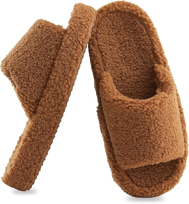 Fuzzy Memory Foam Slippers for Women, Fluffy Open Toe Slippers Curly Fur Cozy Flat Slide Slippers... | Amazon (US)