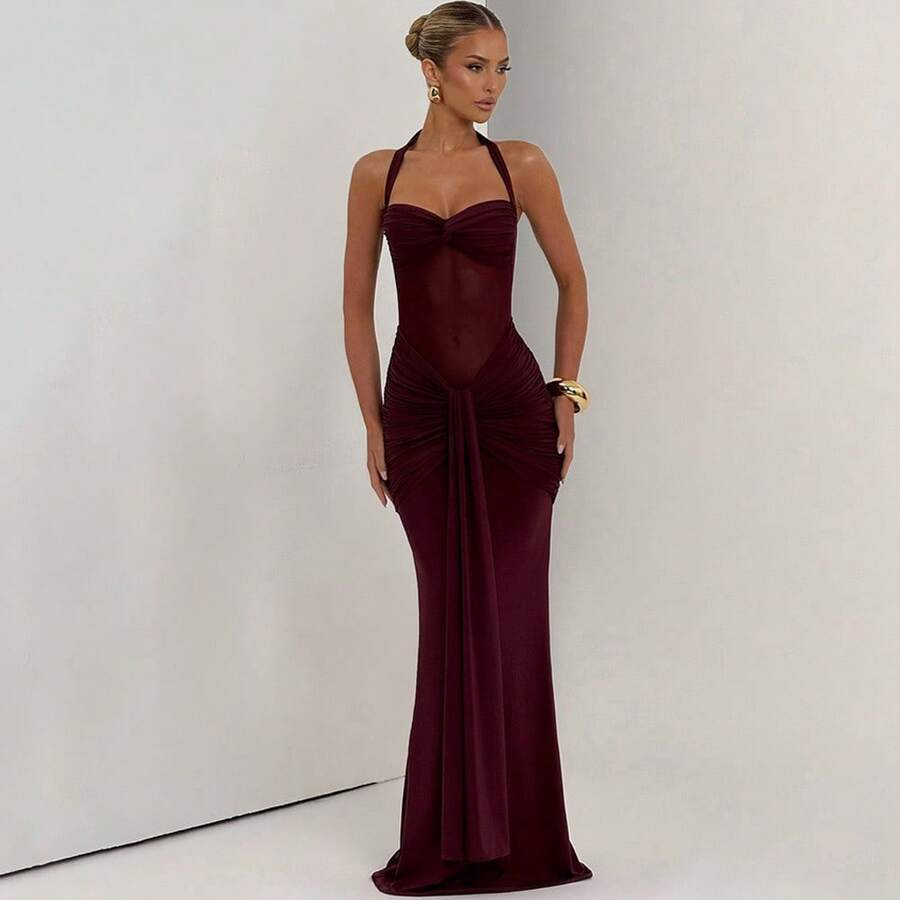 Elegant Flowing Ribbon Halter Bodycon Dress - Sexy High-Slit Bandage Gown For Party & Evening | SHEIN