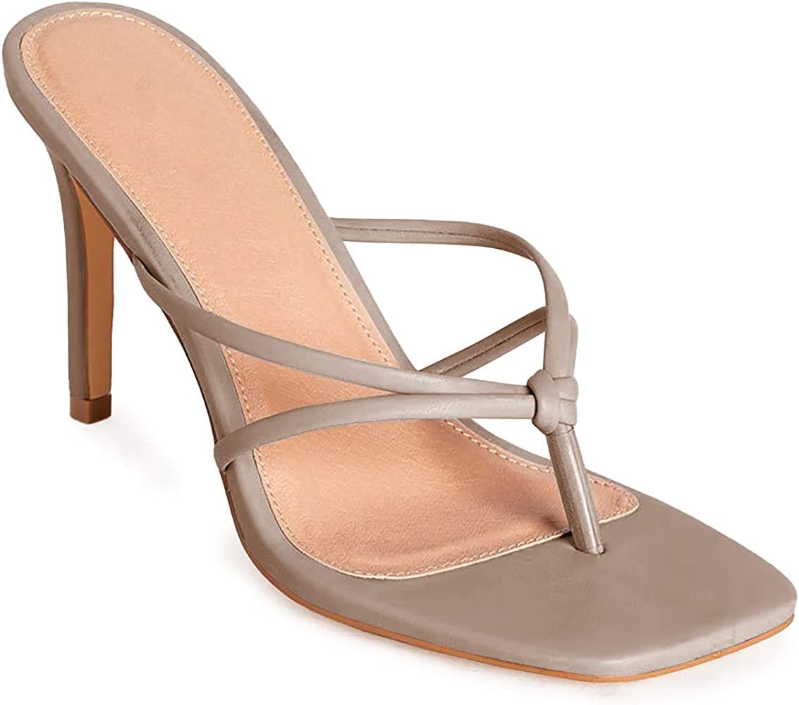 Womens Slip On Thong Heeled Sandal Square Toe Flip Flops Straps Stilletto Heel Slides Mule Shoes | Amazon (US)