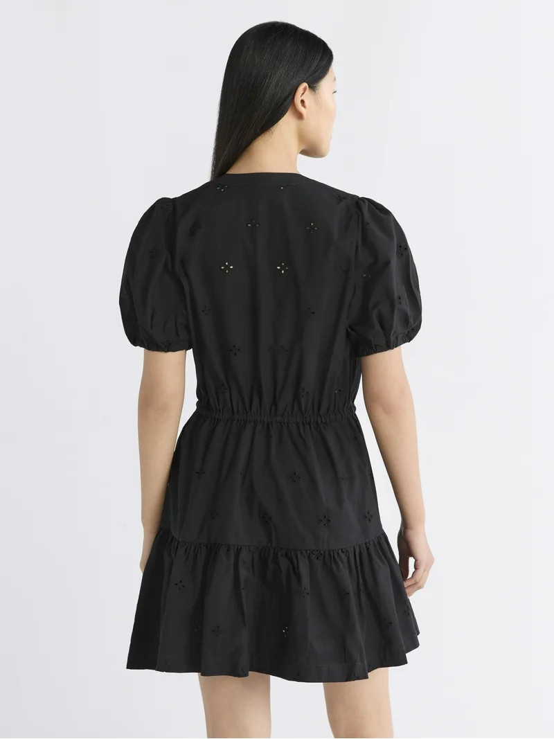 Free Assembly Women's and Women's Plus Cotton Eyelet Tiered Mini Dress with Puff Sleeves, Sizes X... | Walmart (US)