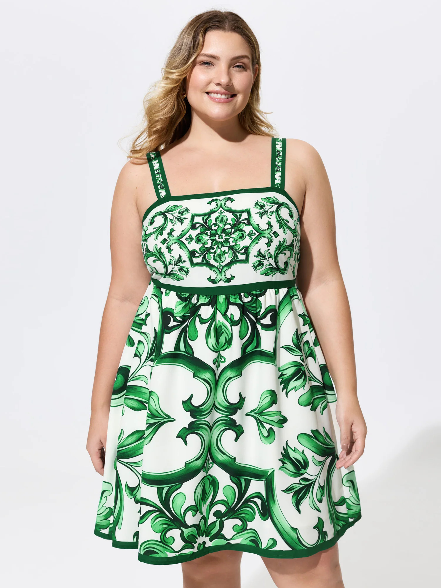 Geometric Print Shirred Wide-Strap Mini Dress | Bloomchic