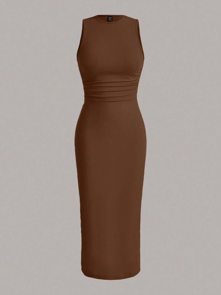 SHEIN EZwear Women's Crewneck Sleeveless Fitted Knit Coffee Brown Dress | SHEIN