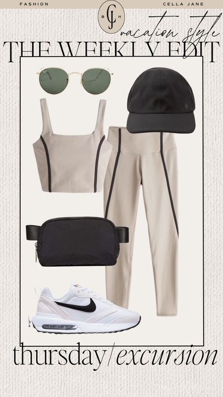 Cella Jane weekly edit vacation style. For any warm weather trips you might be taking soon. Thursday outdoor excursion. Bra top, leggings, hat, sunglasses, belt bag, sneakers  

#LTKstyletip #LTKfit #LTKtravel